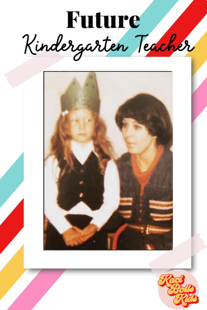1970s photo of a little girl in a birthday crown with her kindergarten teacher