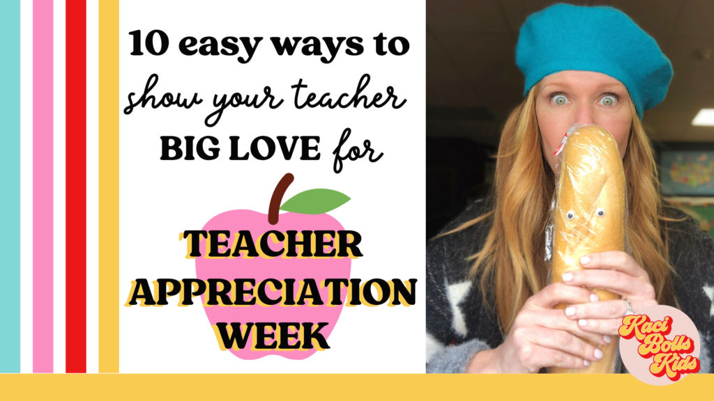 funny wide-eyed lady in a turquoise beret holding french bread with googly eyes for teacher appreciation week