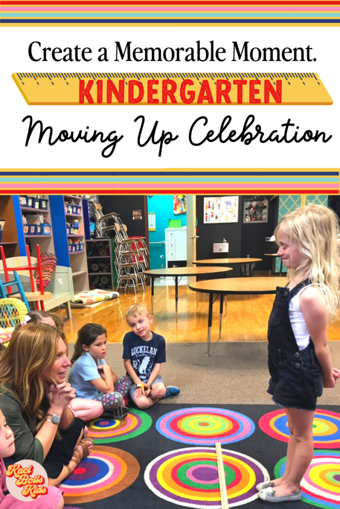 Kindergarten teacher with students sitting on the carpet in the classroom facing one student who is standing.  A yardstick is between them for the end of year kindergarten moving up ceremony.