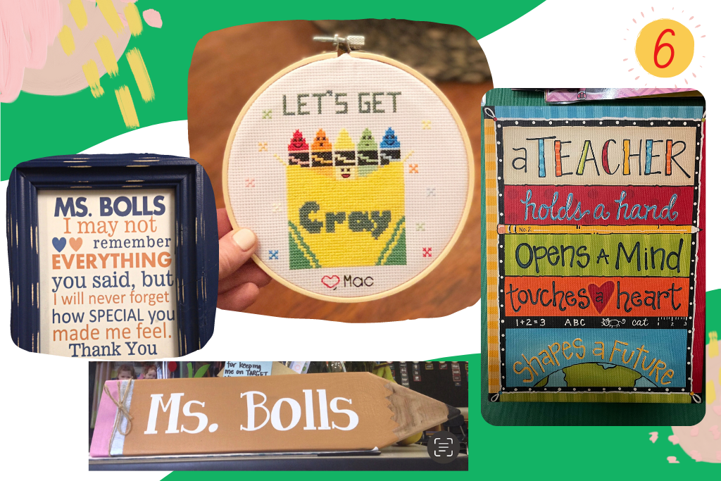 a sampling of canvas, framed, wood, and cross-stitch gifts for teacher appreciation from parents