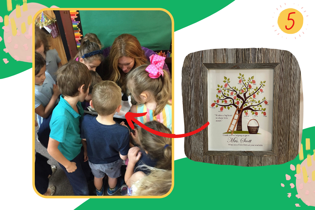 a teacher surrounded by her kindergarten students looking at a framed apple tree print they made for her