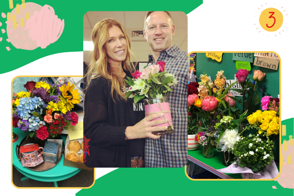 a lady and man smiling holding flowers and teacher appreciation gifts