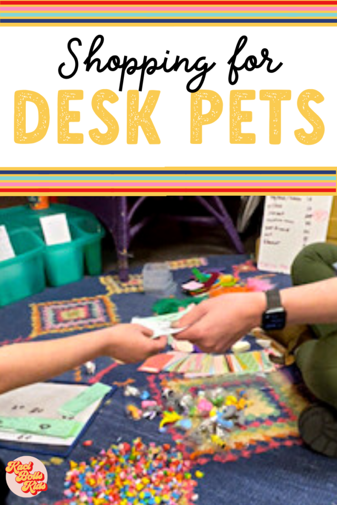 a classroom store where a student is giving a teacher reward dollars in exchange for desk pet items