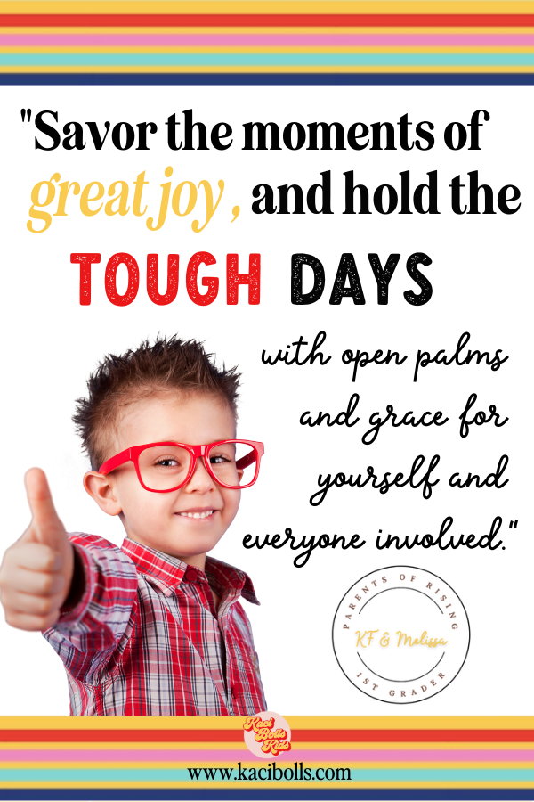 Cute kindergarten boy in glasses giving a thumbs up, along with a helpful quote from a recent kindergarten parent