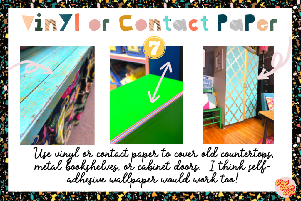 crafty teacher examples of covering a countertop, metal shelf, and cabinet with colorful vinyl