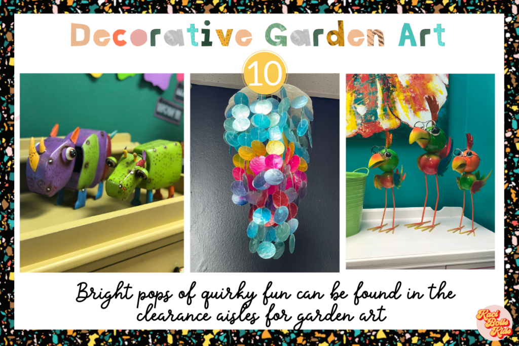 Garden art to decorate a kindergarten classroom - brightly colored metal quirky animals and a colorful disc windchime