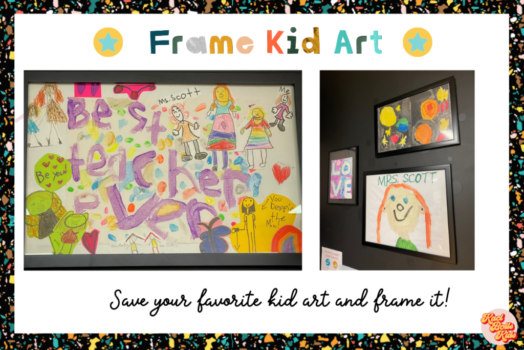 kid art that is framed and hanging in a kindergarten classroom