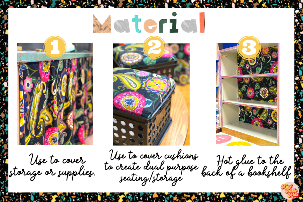 brightly patterned material on a black background covering supplies, used as crate seat cushion covers, and backing a shelf for kindergarten classroom