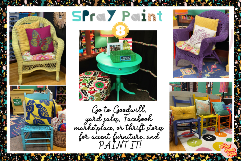 crafty teacher ideas: chairs painted with brightly colored spray paint to brighten up a kindergarten classroom