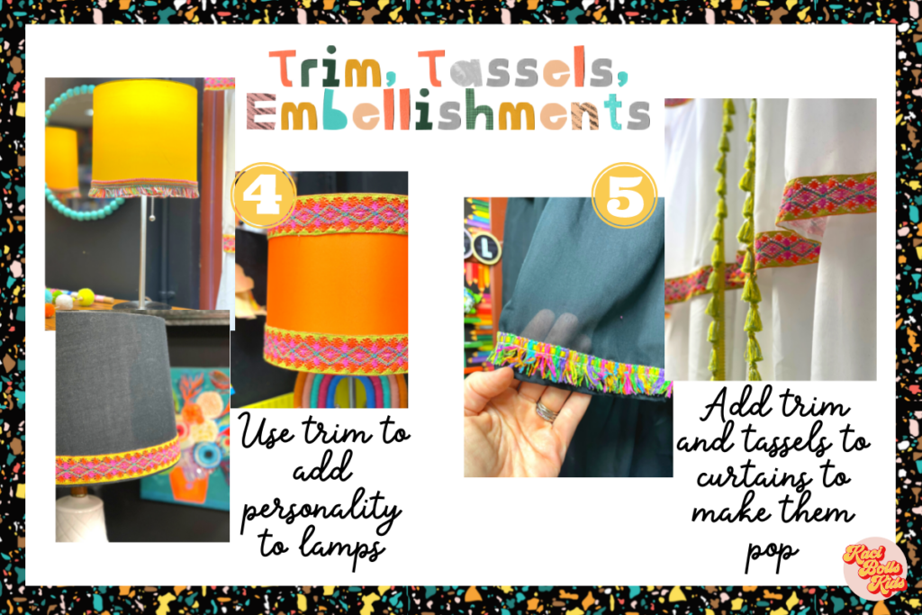Design on a dime ideas with Colorful trim accenting lampshades and curtain hems in a kindergarten classroom