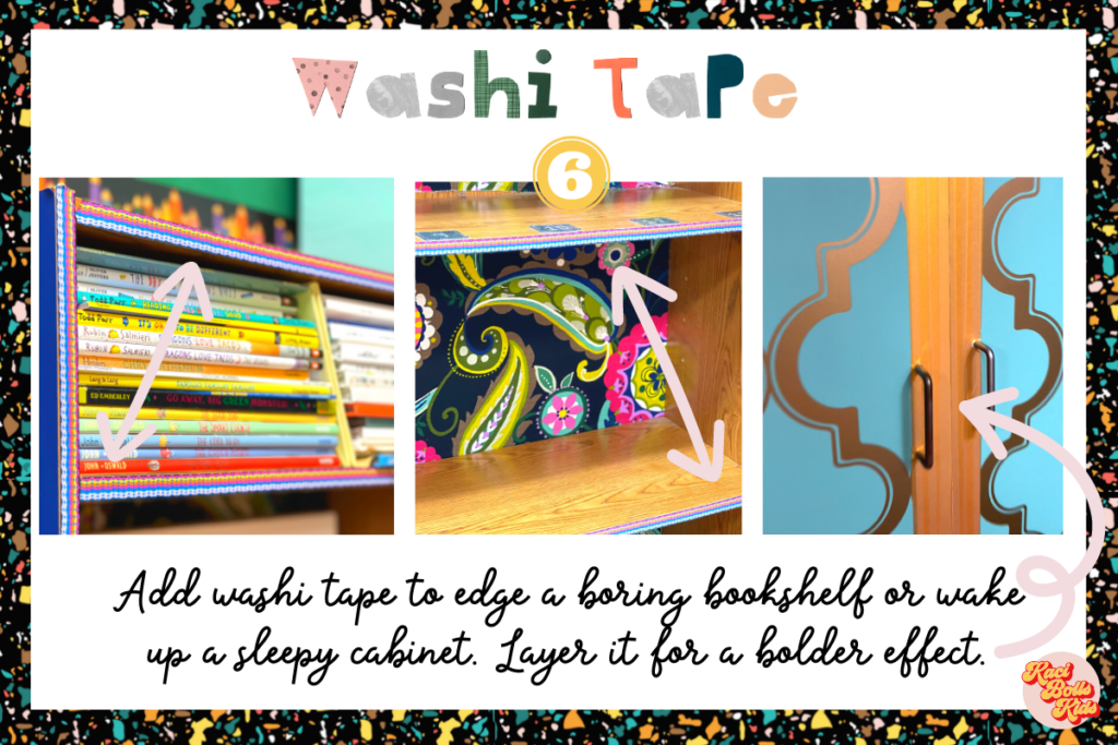 crafty teacher ideas:  blue printed washi tape edging bookshelves and cabinets for a kindergarten classroom