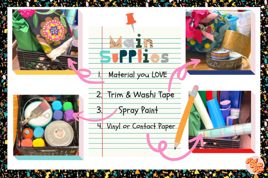 Main supplies needed to decorate a kindergarten classroom with design on a dime ideas: material, spray paint, colorful trim and vinyl