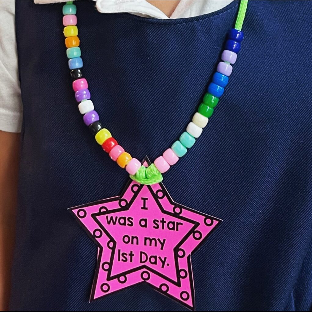 First day in kindergarten necklace - on bright cardstock - beaded lace