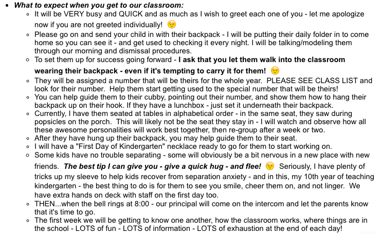 a screen shot of an excerpt from an email sent to kindergarten parents to help them prepare for the first day