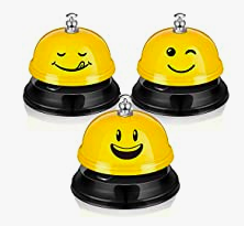 Set of 3 hotel desk bells used in classroom management for first day in kindergarten - bright yellow with a smiley face on bells