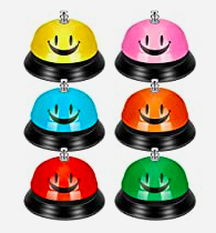 Set of 6 hotel desk bells used in classroom management for first day in kindergarten - bright colors with a smiley face on bell