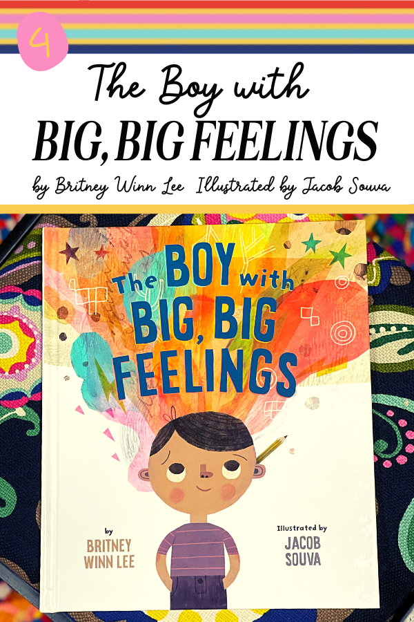the boy with big, big feelings book cover - little boy with colorful thoughts spiraling out of the top of his head