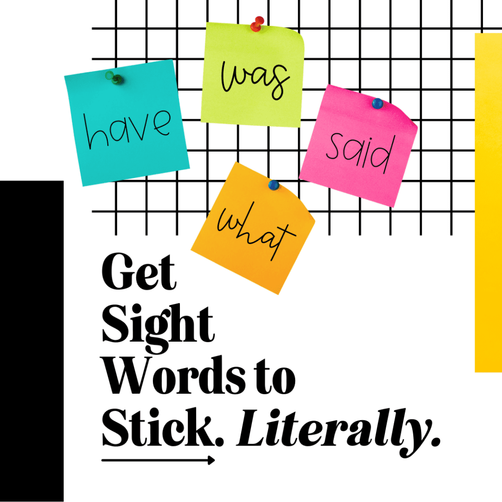 sight-word-games-for-kindergarten-1 sticky notes with sight words written on them, hanging on a grid
