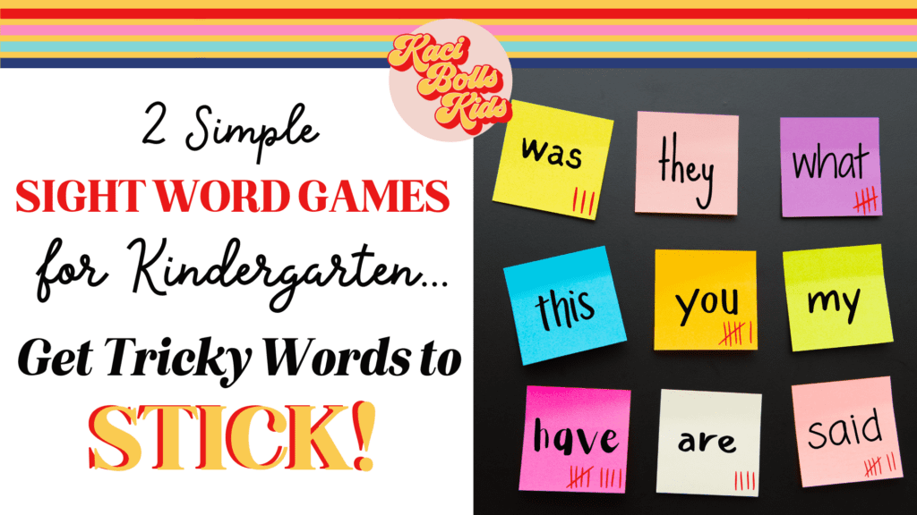 sight-word-games-for-kindergarten Blog Post title: picture of 9 sticky notes with kindergarten sight words written on them with tally marks