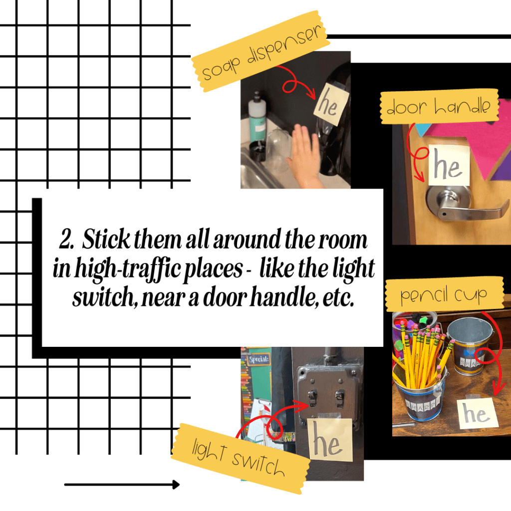 sight-word-games-for-kindergarten-3 Sticky notes with sight words on table, light switch, door handle, and soap dispenser