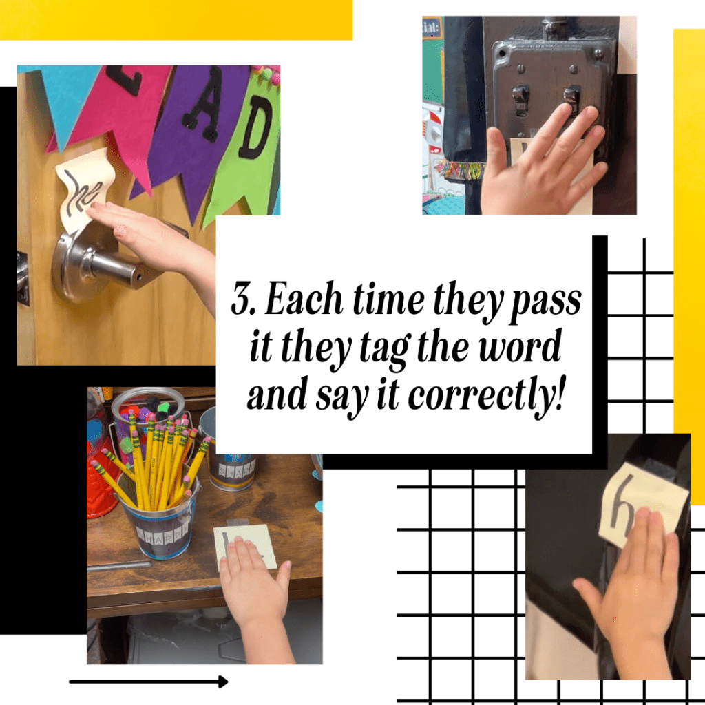 sight-word-games-for-kindergarten-4 Sight words on sticky notes by door, light switch, soap dispenser, and table. All with child's hand "tagging" it