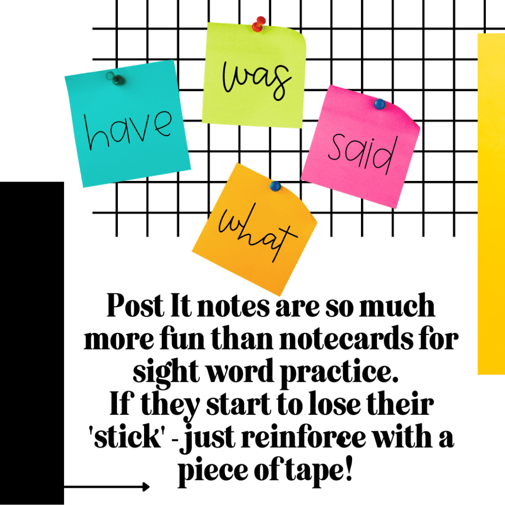 sight-word-games-for-kindergarten-8 sticky notes hanging on a grid - sight words are on sticky notes