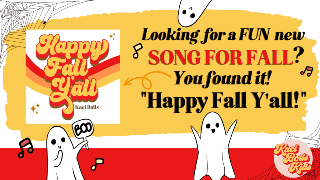 song-for-fall-happy-fall-y'all Cover art for Kids and family song, "Happy Fall Y'all" - with three happy and cute ghosts
