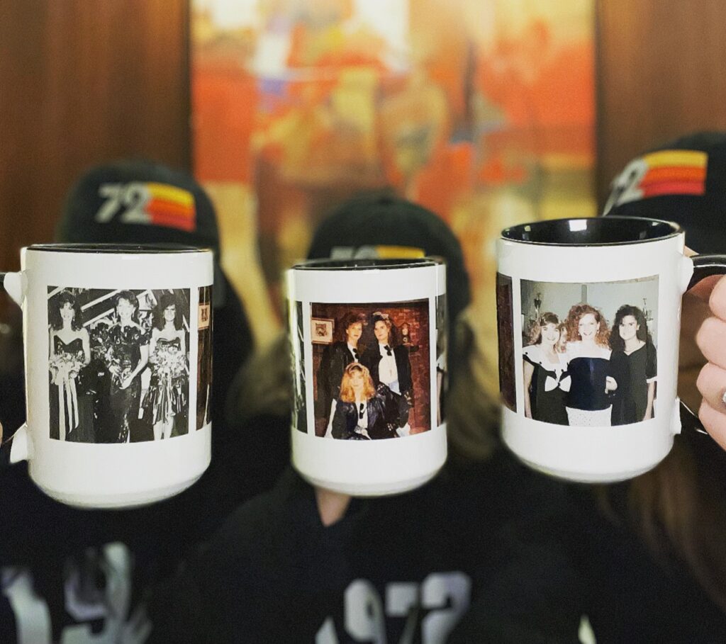 three mugs with pictures from a 1990 high school friend group