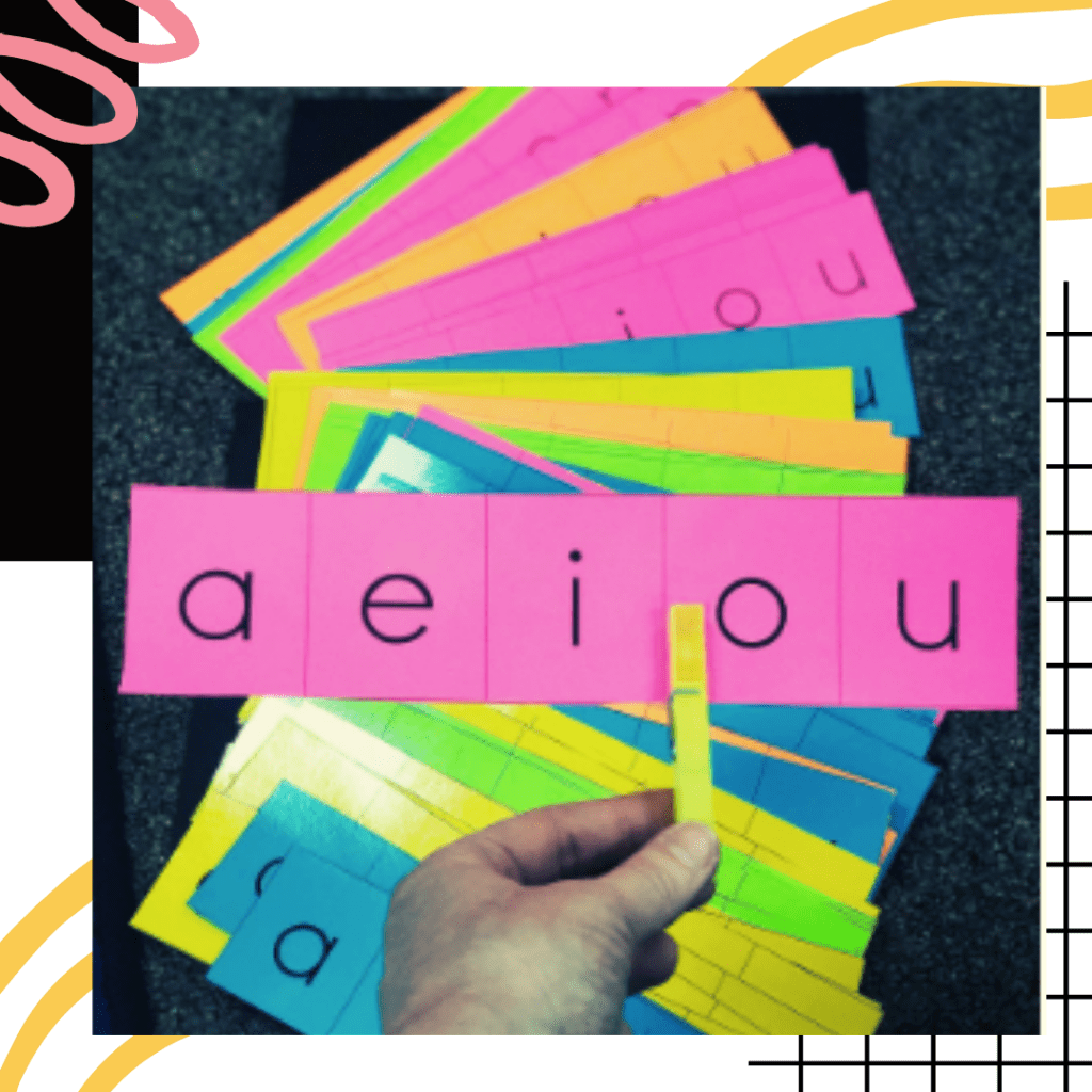 kindergarten-phonics vowel cards used in a kindergarten classroom as a review game