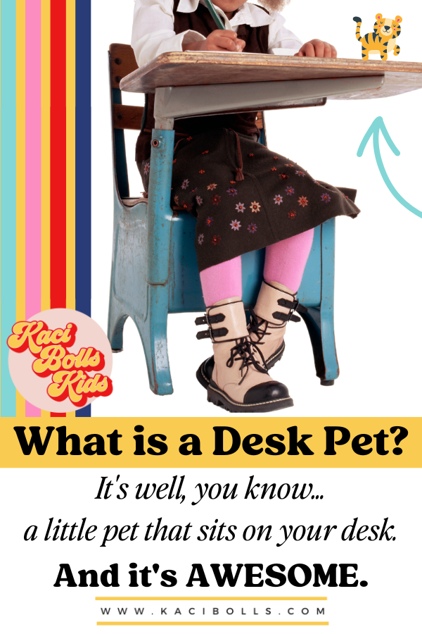 motivation-for-learning five-year-old girl sitting at a school desk with a tiger desk pet perched on the desk