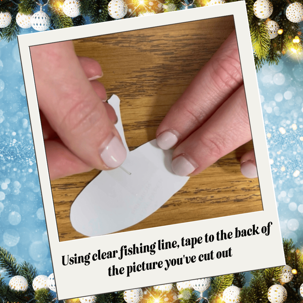 diy-christmas-ornaments-with-photos taping fishing line onto the back of the photo