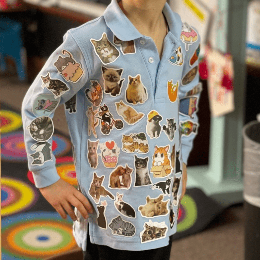 100th day of kindergarten shirt with 100 cat stickers