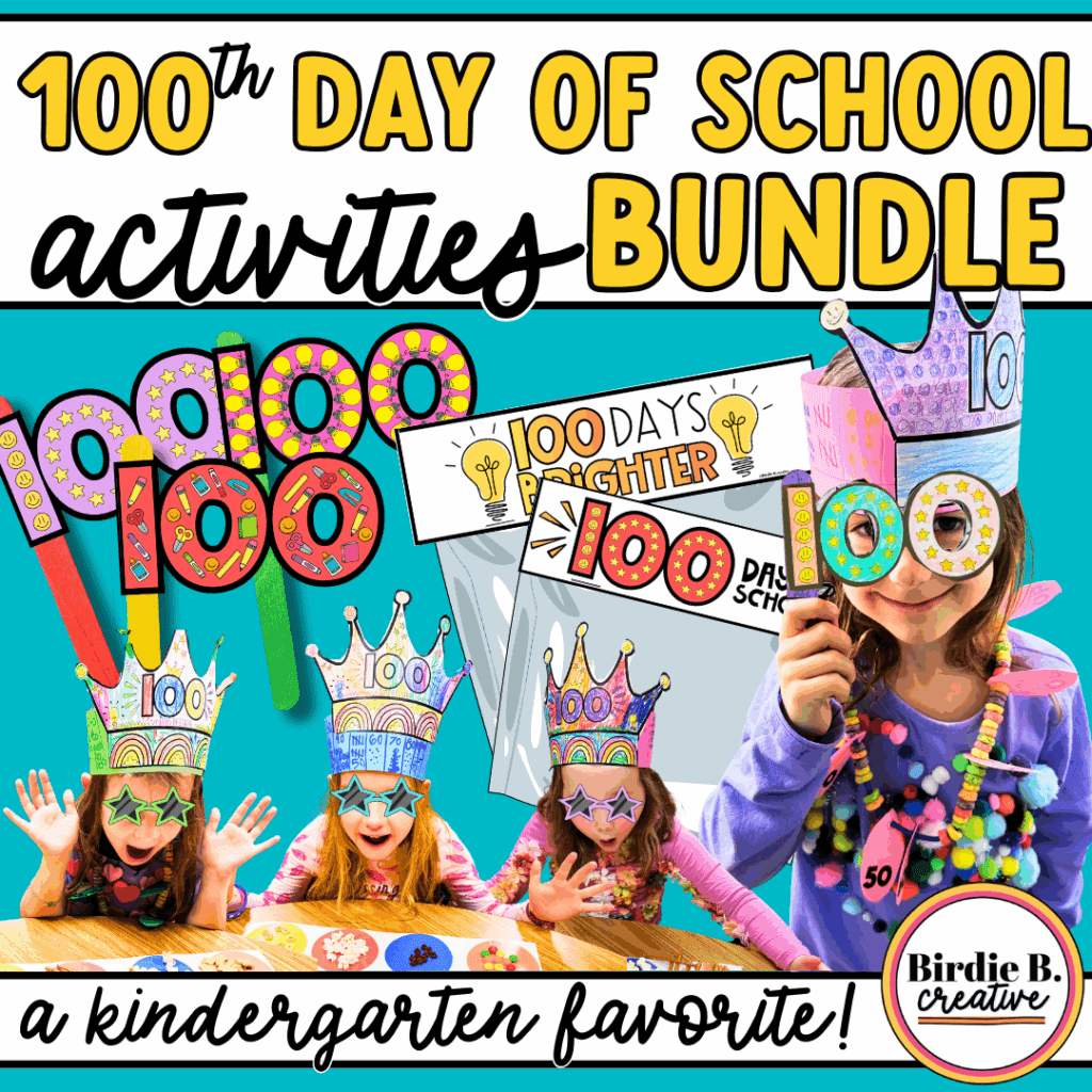 100th day activities bundle - shows kindergarteners in crowns, glasses, with necklaces celebrating the 100th day of school