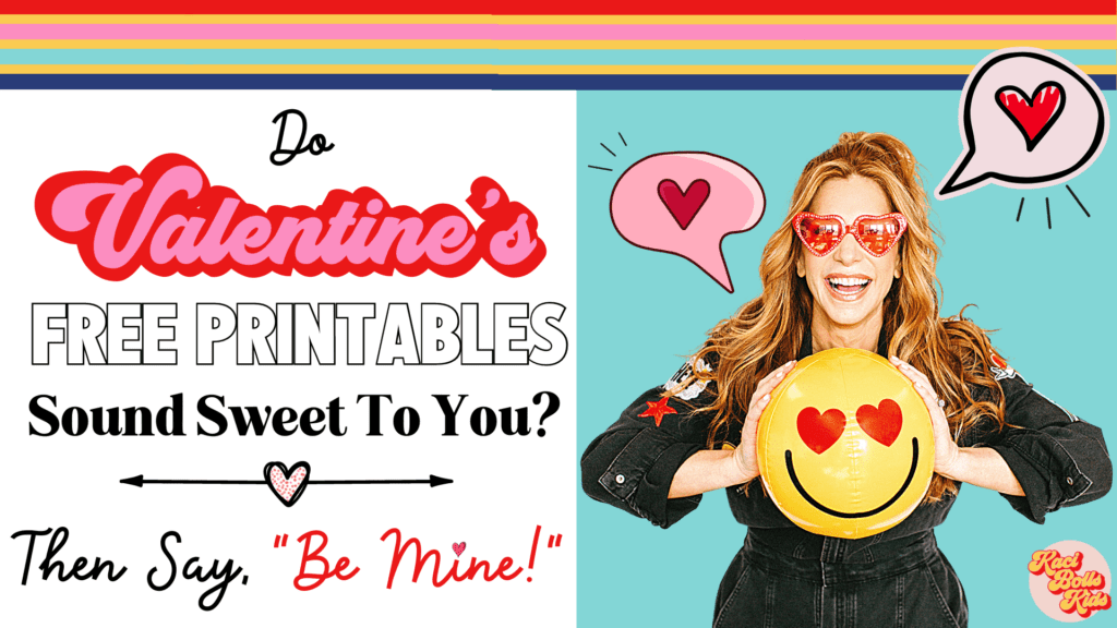 Valentine's-free-printables Happy teacher holding emoji with heart eyes, smiling in heart shaped sunglasses.  