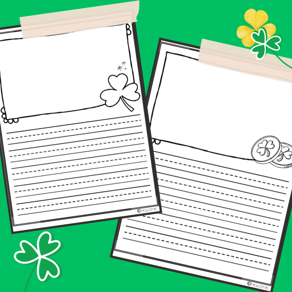 free-printable-spring-writing-paper 2 different styles of writing paper with a four-leaf clover and some gold coins