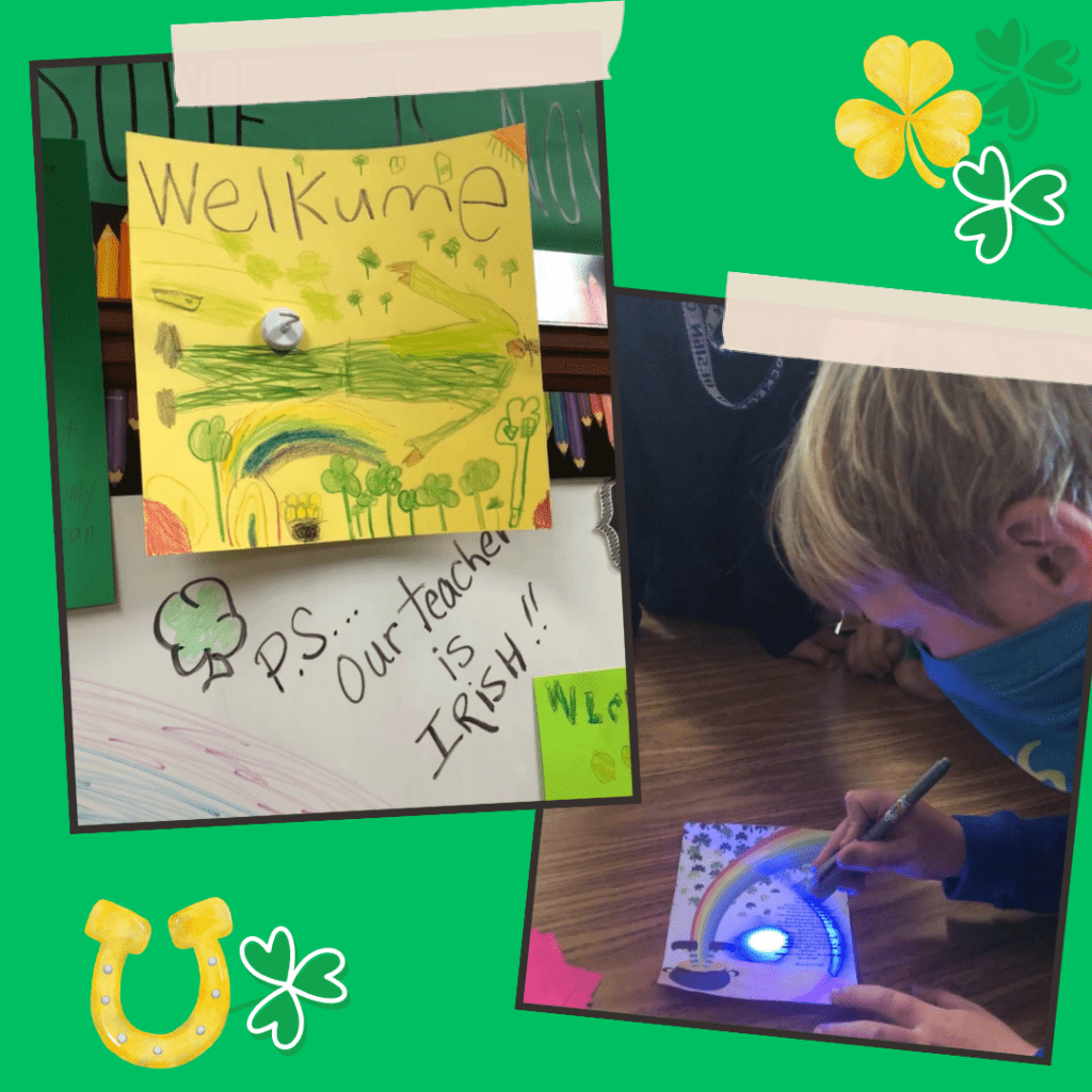 a boy with a blacklight looking for clues on a letter-from-a-leprechaun