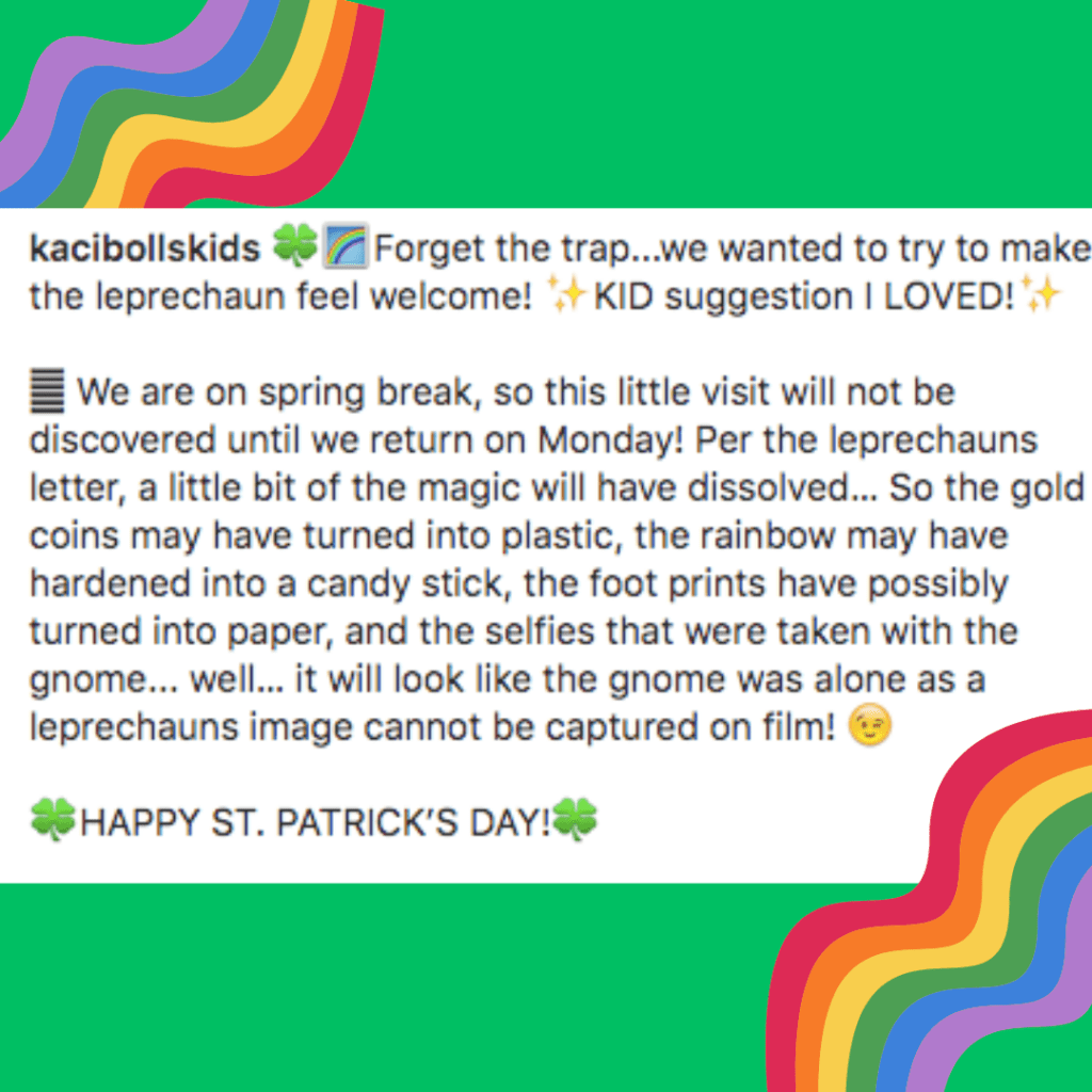 text from an IG post about a visit from a leprechaun
