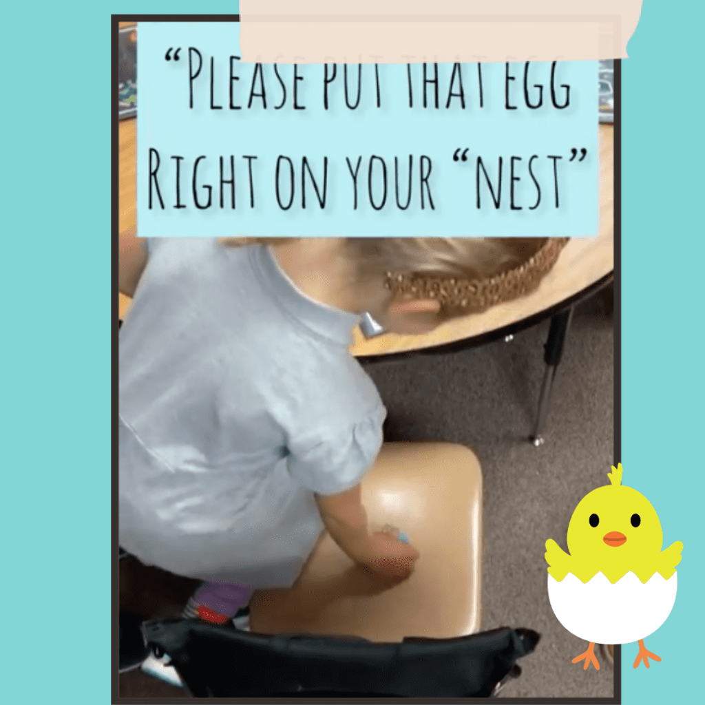 kindergartener placing a seatster egg on her chair