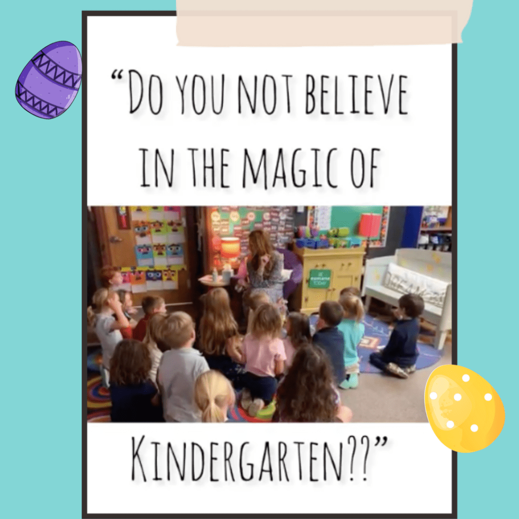 Kindergarten teacher asking her kids if they believe in the magic of kindergarten