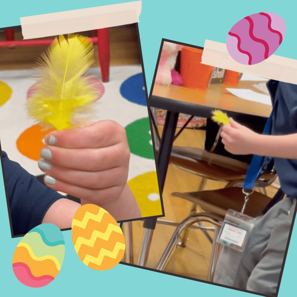 kinder holding a yellow feather