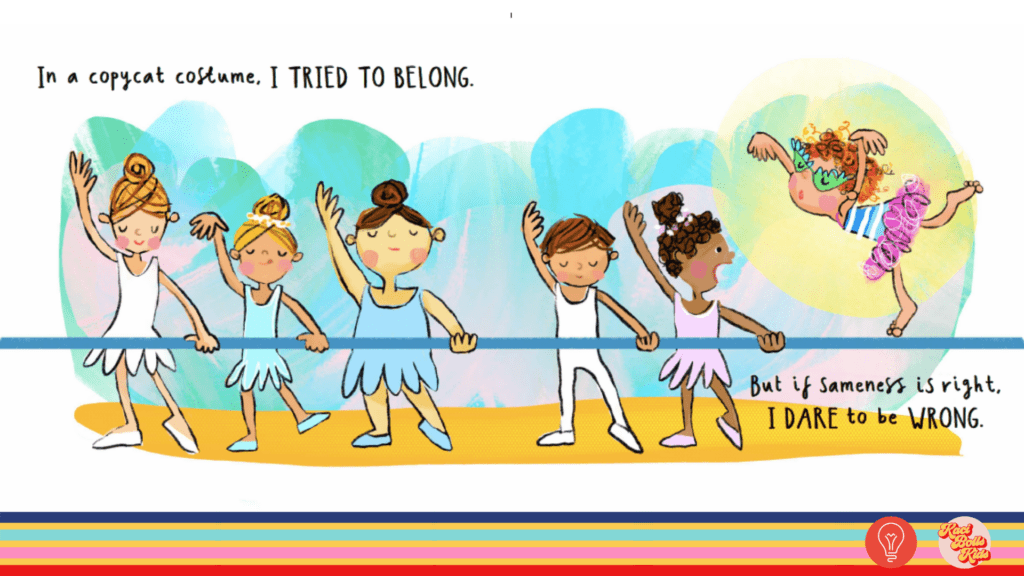 dare-to-be-me-book-illustration of ballet class, with redheaded girl on top of the ballet bar in a crazy tutu and sun glasses