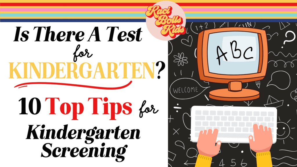 a-test-for-kindergarten main blog post title graphic:  computer with ABC on the screen, kid's hands on the keyboard
