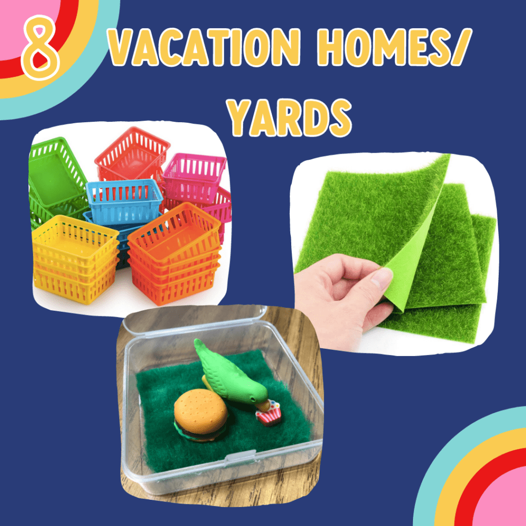 kindergarten-fun vacation homes and yards made from items like fur, decorative turf, and plastic bins