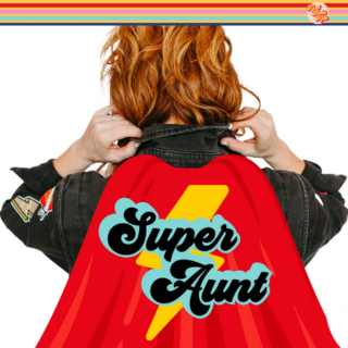 super-aunt lady in a super hero cape that says super-aunt