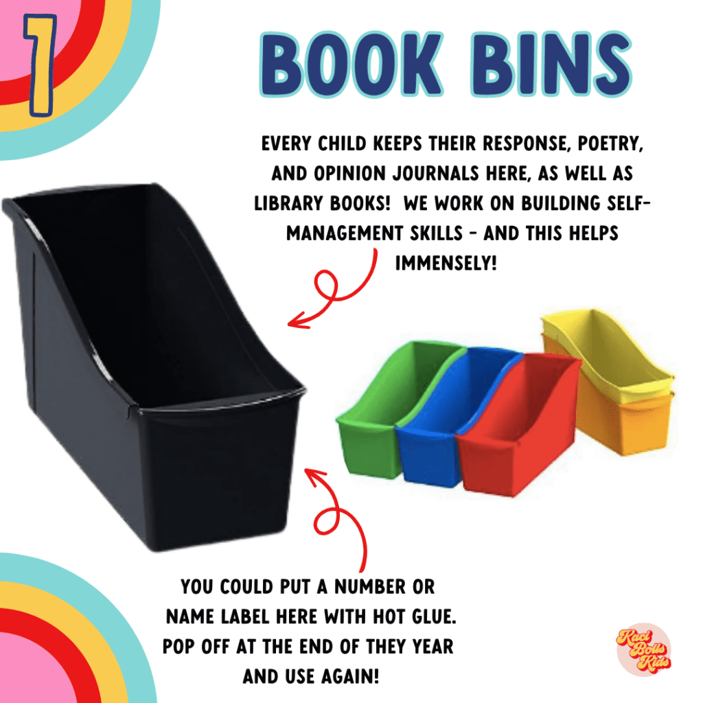 book bins - black, red, green, blue, and yellow