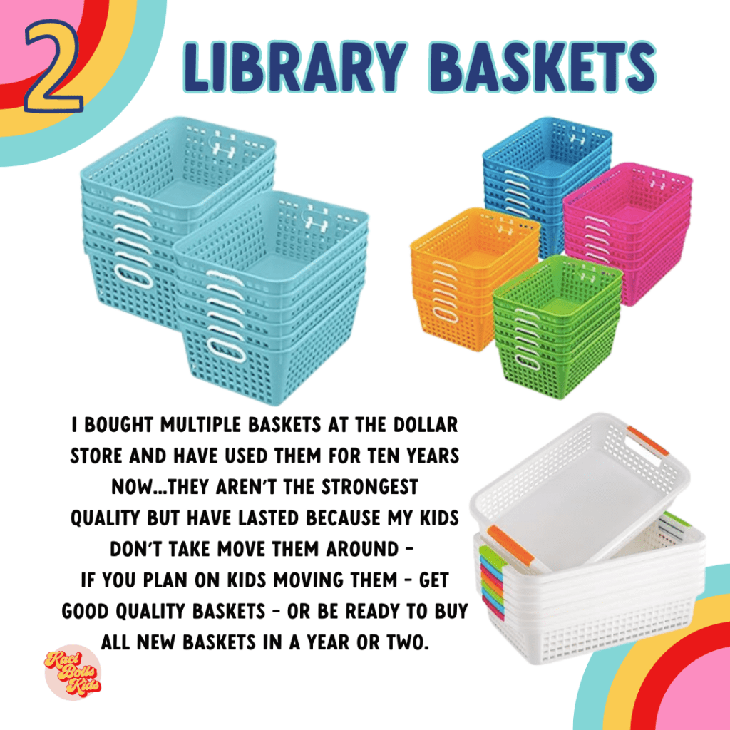 baskets used for storage in a classroom library