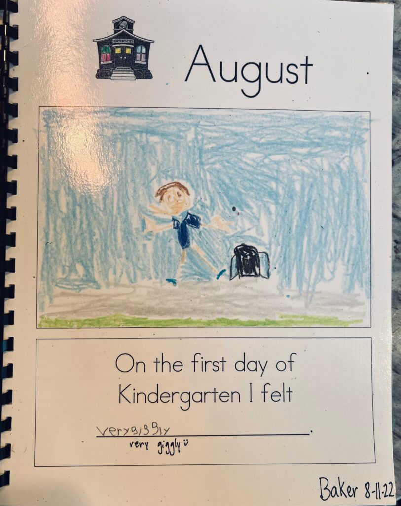 August writing from a new kindergartener - copied word, no spacing 