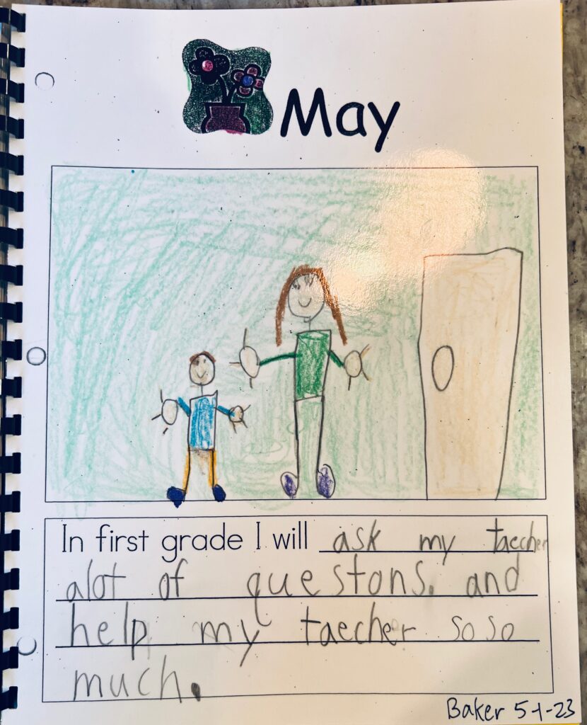 kindergarten-writing-sentences: same kindergarten student in may, independent writing, spaces, sight words spelled correctly, punctuation at the end, much more detail in pic