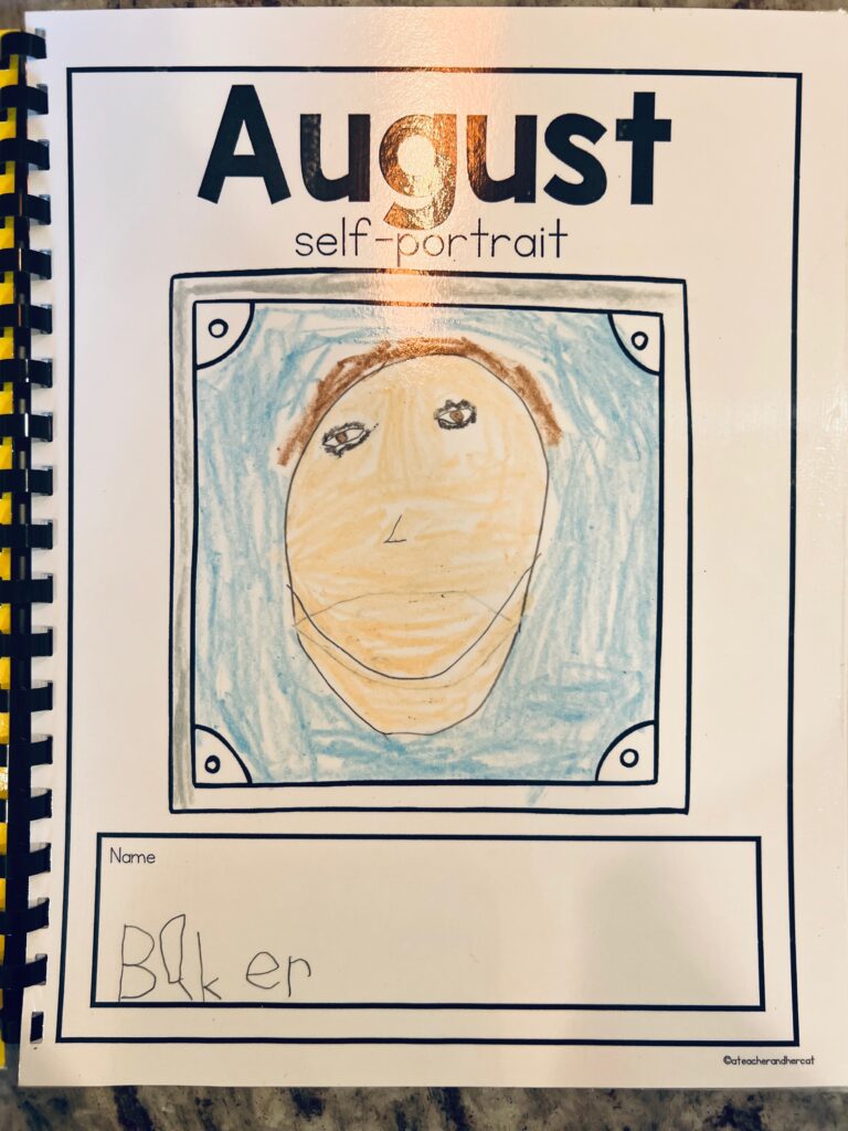 kindergarten-writing in august - self-portrait.  basic face with eyes, nose, and mouth, and hair.