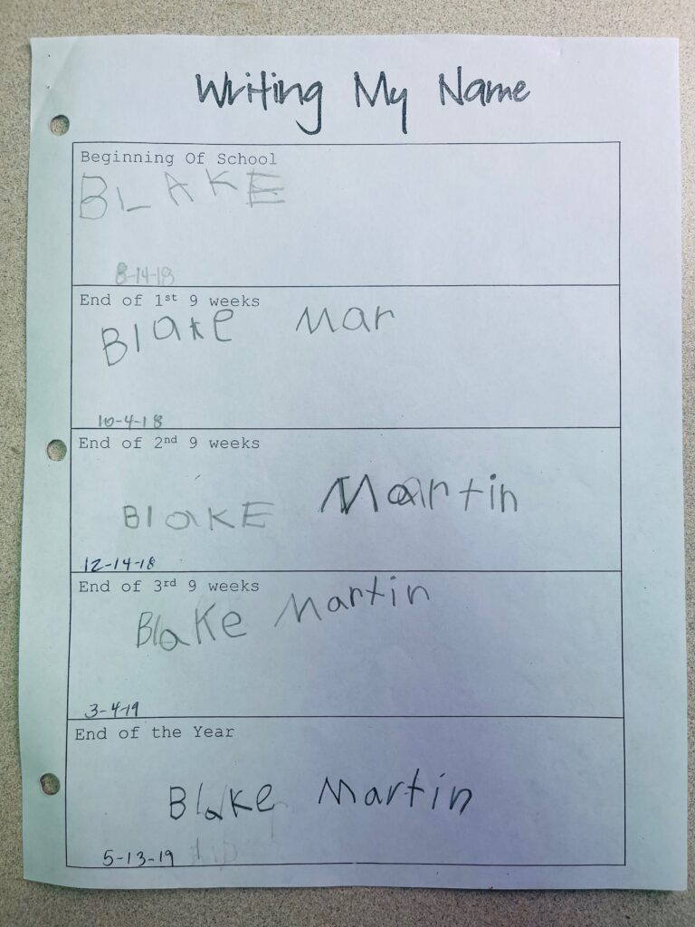 kindergarten-handwriting:  A kindergarten child's handwriting progression of writing their name from the beginning of school until the end of the year.  